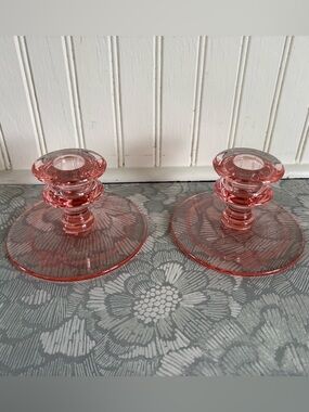 Pair of Vintage Pink Depression Glass Candle Holders w/ Floral etching